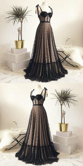 Vintage Polka Dots Spaghetti Straps Black Long Prom Dress